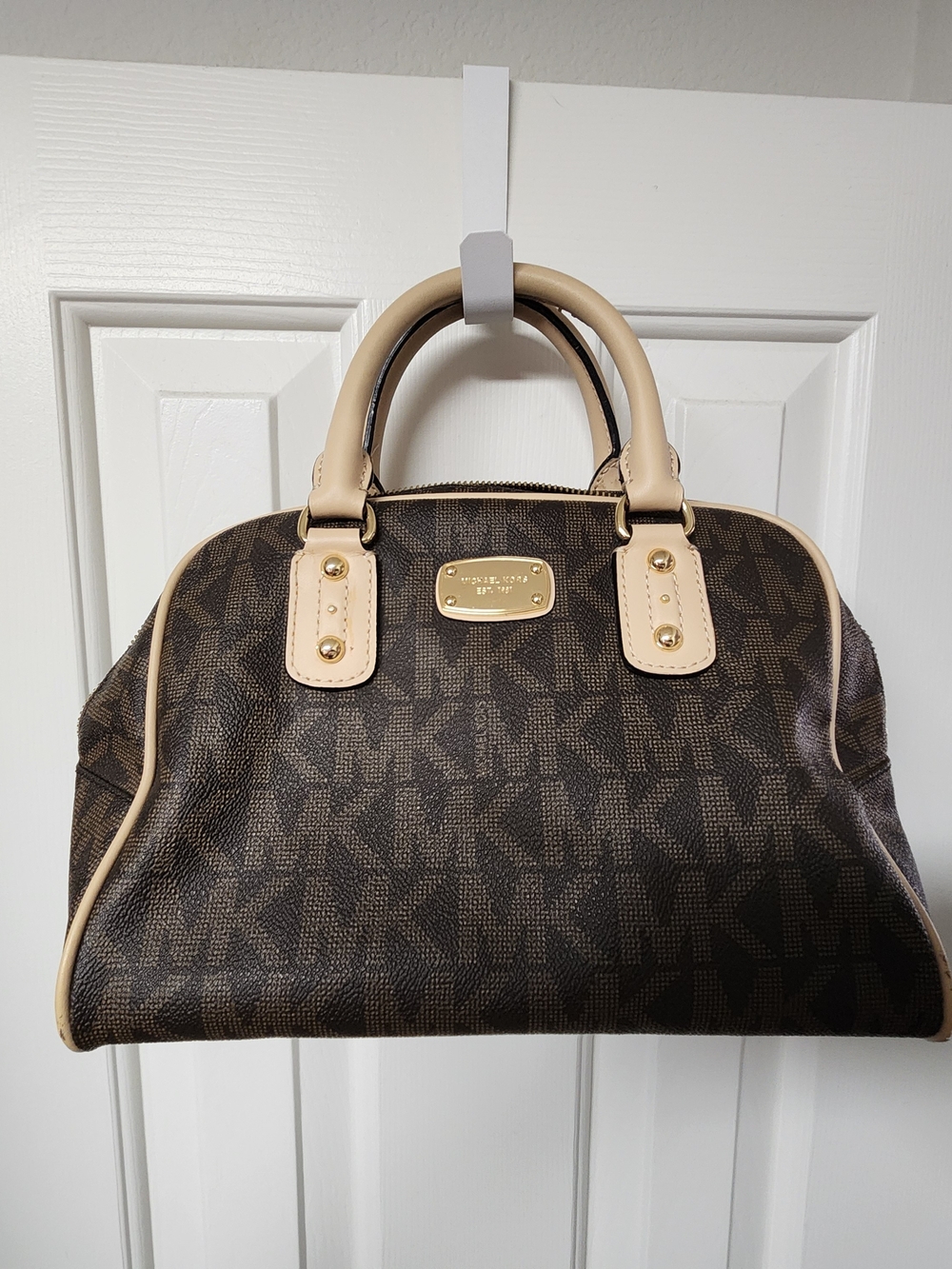 Michael Kors Brown MK Logo Satchel with Beige Trim